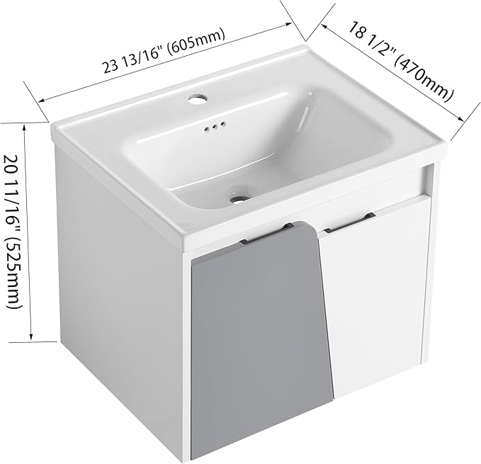 Malwee 24 Inch Floating Bathroom Vanity with Sink, 24'' Single Sink Wall Mounted Bathroom Vanity, with 2 Doors and White Ceramic Basin Top, Wall Hung Storage Cabinet Set (077-24)
