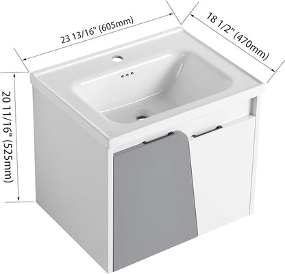 Malwee 24 Inch Floating Bathroom Vanity with Sink, 24'' Single Sink Wall Mounted Bathroom Vanity, with 2 Doors and White Ceramic Basin Top, Wall Hung Storage Cabinet Set (077-24)