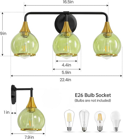 Black and Gold Bathroom Vanity Light 3-Lights Bathroom Light Fixtures Over Mirror with Green Clear Glass Shade 22.4 inch Wall Sconce Lighting Bath(Exclude E26 Bulb)