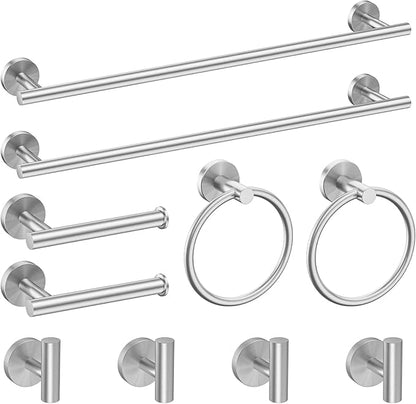 Newfun 10-Pieces Brushed Nickel Bathroom Hardware Set 24 Inch | Includes 24 Inch Towel Racks for Bathroom Wall Mounted, Toilet Paper Holder, Towel Hooks, Towel Rings for Bathroom Wall