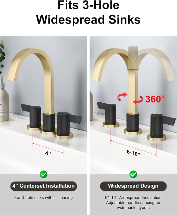 Gold and Black 3 Hole Bathroom Faucet,8" Widespread Vanity Faucet | 2 Handle Waterfall Bathroom Sink Faucet with Pop-Up Drain,Supply Lines,360° Swivel Spout,Lead-Free Stainless Steel,Deck Mount
