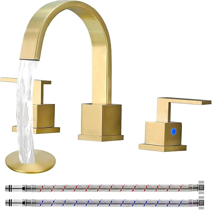 KINGO HOME Gold Bathroom Faucet, Brushed Gold Faucets Bathroom 3 Hole 8inch Widespread Waterfall 2 Handle Brass Faucets Bath Sink Vanity Faucet with Pop Up Drain and Supply Lines