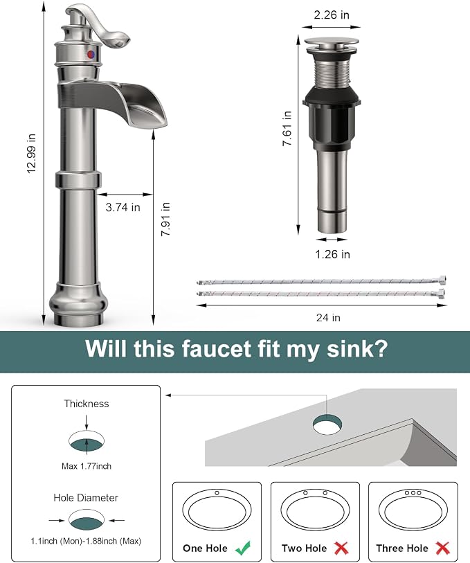 BWE Vessel Sink Faucet Waterfall Tall Brushed Nickel Bathroom Faucet | Single Handle 1 Hole Brass Countertop Lavatory Vanity Mixer Tap with Pop Up Drain and Supply Lines for RV Bar No Overflow