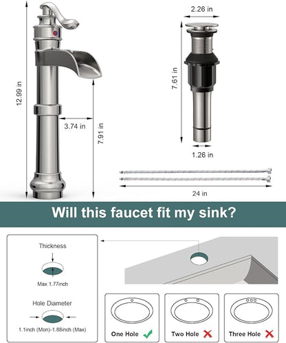 BWE Vessel Sink Faucet Waterfall Tall Brushed Nickel Bathroom Faucet | Single Handle 1 Hole Brass Countertop Lavatory Vanity Mixer Tap with Pop Up Drain and Supply Lines for RV Bar No Overflow