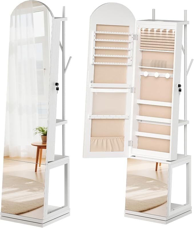 HOOBRO 360° Swivel Jewelry Cabinet with LED Lights, Standing Jewelry Organizer with Storage Shelf, Arched Full-Length Mirrored Jewelry Aromires, Lockable Jewelry Cabinet, Makeup Brush Boxes, White
