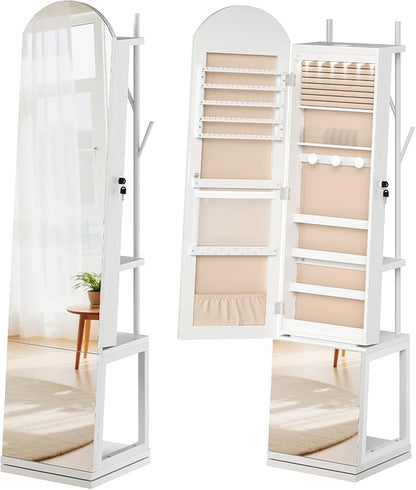 HOOBRO 360° Swivel Jewelry Cabinet with LED Lights, Standing Jewelry Organizer with Storage Shelf, Arched Full-Length Mirrored Jewelry Aromires, Lockable Jewelry Cabinet, Makeup Brush Boxes, White