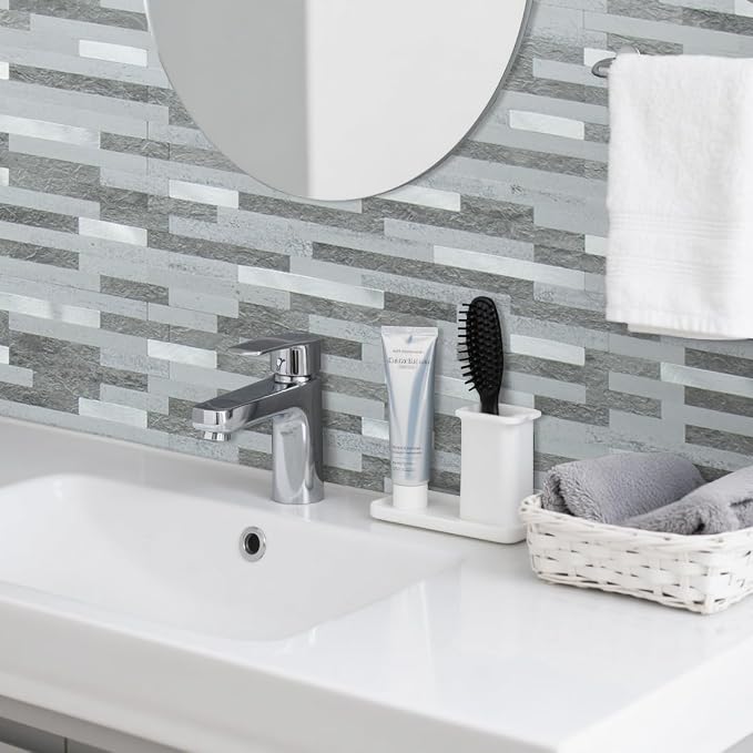 AULIGET 20 Sheets Faux Stone Peel and Stick Backsplash, Grey Slate Look PVC Wall Tile Stick on Backsplash for Kitchen and Bathroom