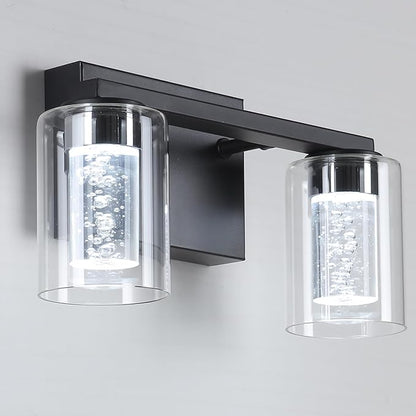 2-Light Bathroom Light Fixtures, Black Modern Vanity Lights with Clear Glass Shade, LED Bathroom Wall Lighting with Crystal Bubble for Mirror Hallway Cabinet Porch