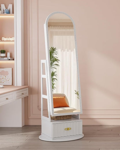 Vlsrka Arched LED Mirror Jewelry Cabinet with Full Length Mirror, White | Lockable Jewelry Armoire Cabinet, 360° Swivel Jewelry Organizer with Drawer Storage, Foldable Makeup Shelf, 2 Rear Hooks