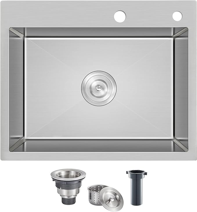 24"x18" Drop-In Kitchen Sink 304 Stainless Steel Brushed | 24 inch Sink Drop in | 304 SS | Topmount | Single Bowl | 9" Deep | Drain Kit Included | Moden Kitchen/Prep