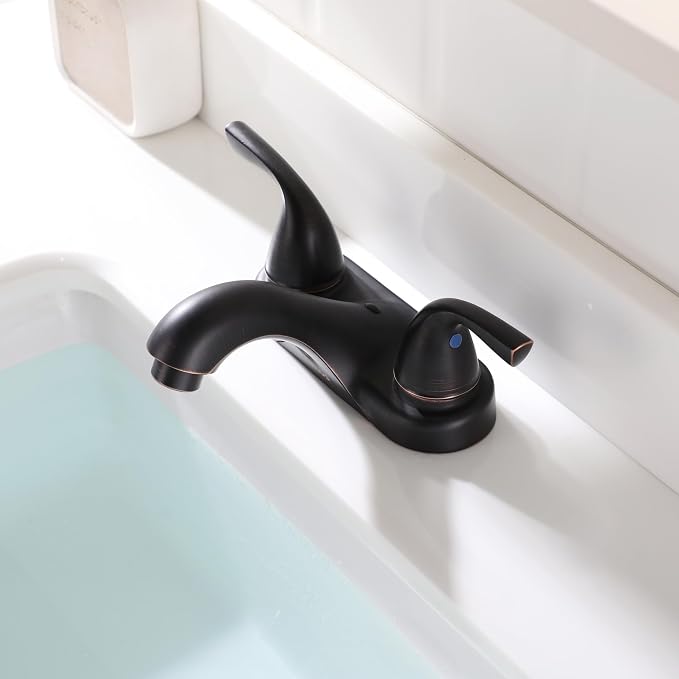 Oil Rubbed Bronze Bathroom Faucet 4 Inch Centerset for Lavatory Sink | Mid Arc, 2 Handle Lead-Free RV Bathroom Faucet with Metal Pop Up Drain Supply Lines, for 2 or 3 Hole Lavatory Utility Sink