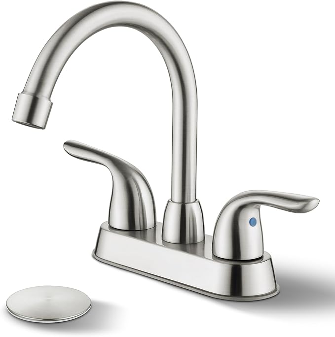 Bathroom Sink Faucets, 4 Inch, 2 Handle Centerset, Pop-up Drain Stopper, Supply Hoses (4-inch Centerset Faucet, Brushed Nickel)