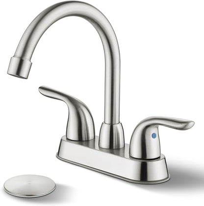 Bathroom Sink Faucets, 4 Inch, 2 Handle Centerset, Pop-up Drain Stopper, Supply Hoses (4-inch Centerset Faucet, Brushed Nickel)