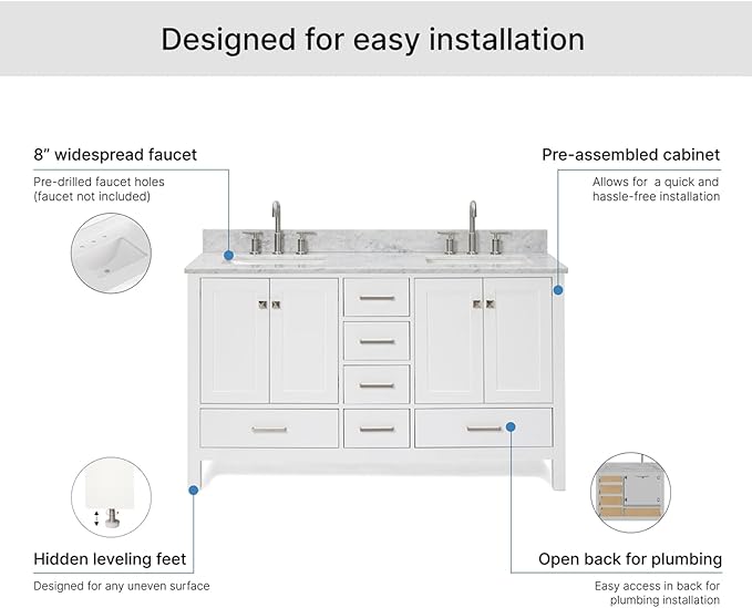 ARIEL Cambridge 60-inch Bathroom Vanity with Sink,Solid Wood, 0.75-inch Italian Carrara Marble Countertop, Double Rectangular Porcelain Sink, 4 Soft Closing Doors, 6 Dovetail Drawers, White
