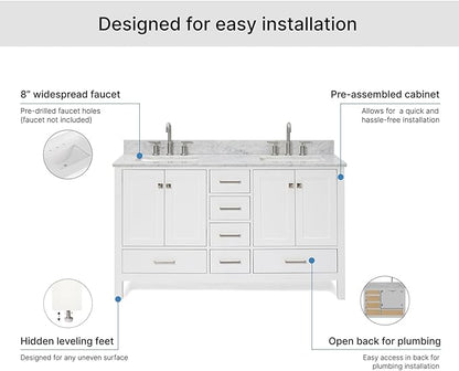 ARIEL Cambridge 60-inch Bathroom Vanity with Sink,Solid Wood, 0.75-inch Italian Carrara Marble Countertop, Double Rectangular Porcelain Sink, 4 Soft Closing Doors, 6 Dovetail Drawers, White