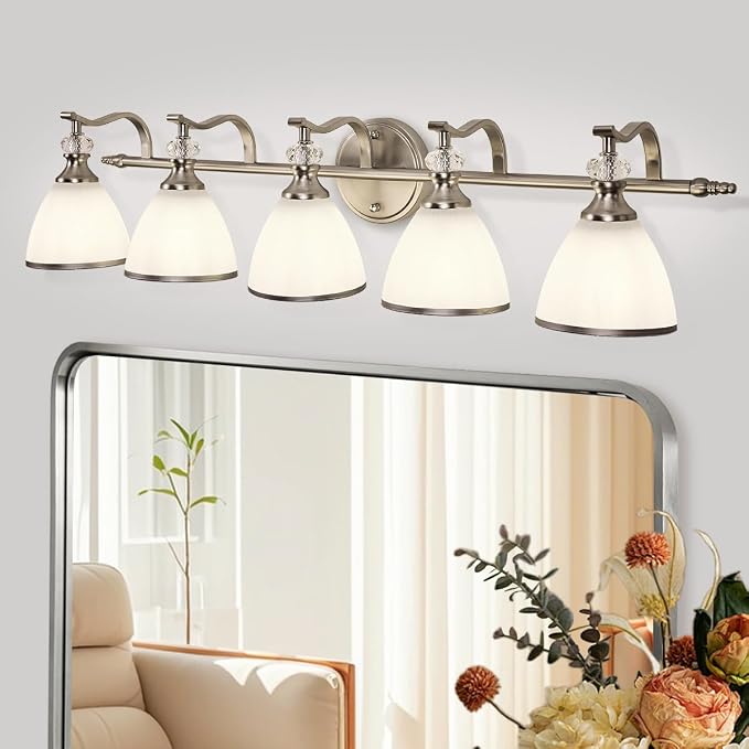 Bathroom Lighting Fixtures, 5-Light Brushed Nickel Vanity Light with Milky Glass Shade, 35" Large Vanity Lights for Bathroom, E26 Socket, for Mirror, Living Room, Bedroom, Hallway