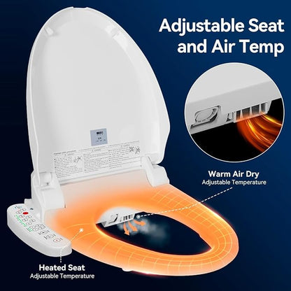 Electric Bidet Toilet Seat, Filtered & Unlimited Warm Water, 8 Modes Spa Wash, Warm Air Dryer, Heated Seat, Self-Clean Stainless Steel Nozzle, HD Night Light. 10-year warranty. (TB-26EV, Elongated)