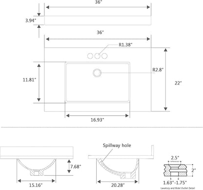 36 Inch Engineered Stone Bathroom Vanity Sink Top, with Undermount Rectangular Middle Sink, Vanity Countertop with 8 inch Faucet Hole Spacing and Backsplash in Lightning White