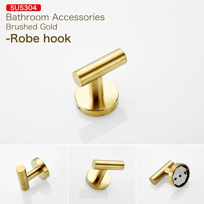 Bathroom Hardware Set, Brushed Gold, 24in, 4-Piece | Stainless Steel, Wall-Mounted, Towel Bar, Toilet Paper Holder, Towel Ring, Towel Hooks, Adjustable
