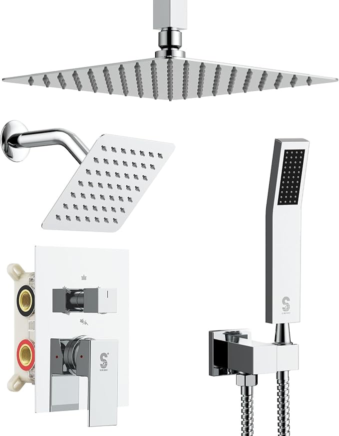 Shower Faucet Set Shower System - SR SUN RISE Polished Chrome Shower Trim Kit with Dual Shower Head, 10'' Ceiling Rainfall 6'' Wall Mount with Handheld Shower for Couples, Complete 6 Diverter Valve