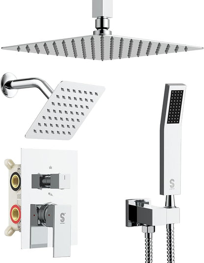 Shower Faucet Set Shower System - SR SUN RISE Polished Chrome Shower Trim Kit with Dual Shower Head, 10'' Ceiling Rainfall 6'' Wall Mount with Handheld Shower for Couples, Complete 6 Diverter Valve