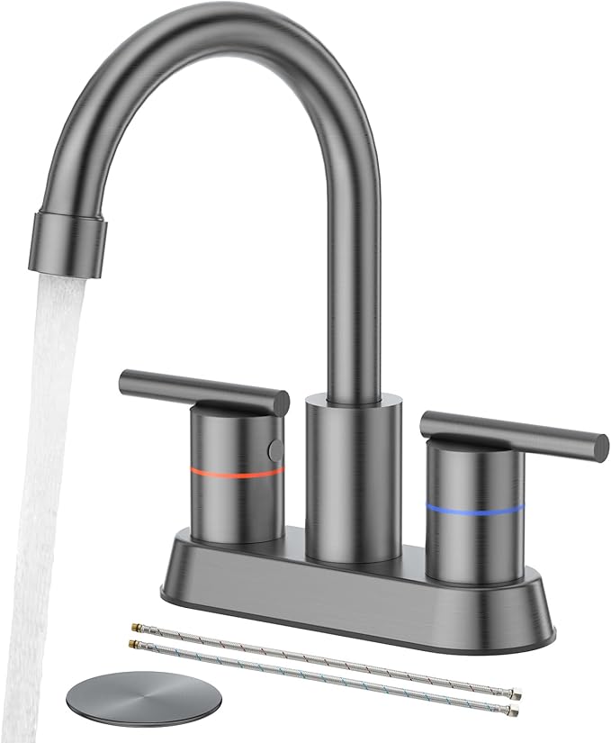 Faustina Gery Bathroom Faucet, 4 Inch Centerset Faucet for Sink 2 Holes 3 Holes，Two Handles 304 Stainless Steel with Pup up Drain Assembly and 2 Water Supply Lines for RV Vanity