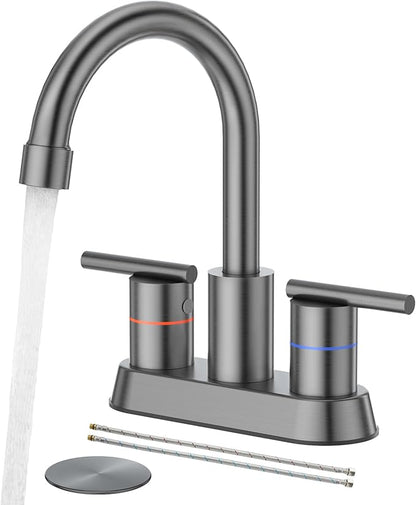 Faustina Gery Bathroom Faucet, 4 Inch Centerset Faucet for Sink 2 Holes 3 Holes，Two Handles 304 Stainless Steel with Pup up Drain Assembly and 2 Water Supply Lines for RV Vanity