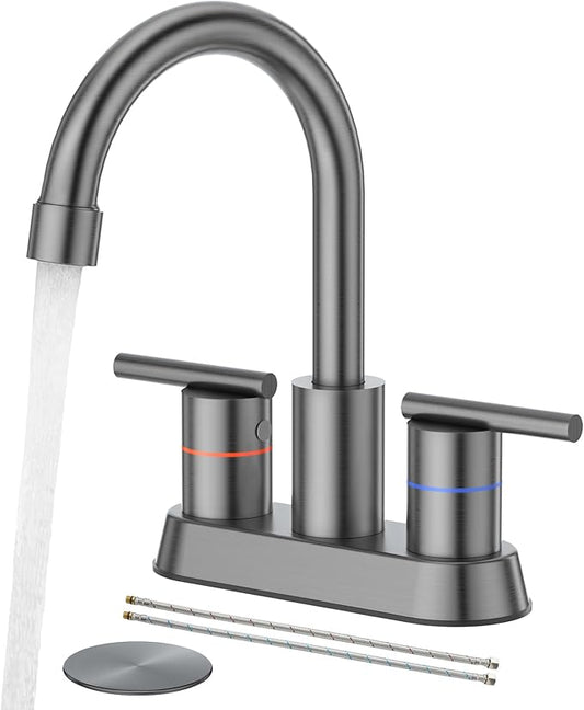 Faustina Gery Bathroom Faucet, 4 Inch Centerset Faucet for Sink 2 Holes 3 Holes，Two Handles 304 Stainless Steel with Pup up Drain Assembly and 2 Water Supply Lines for RV Vanity