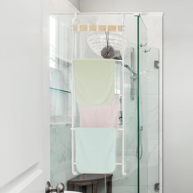 Over the Door Towel Rack for Bathroom 5 Tier Over The Door Towel Bar | Back of Door Towel Rack, Behind Door Towel Holder with Hooks, White Door Rack Hanger, Stable Suction Cup Design