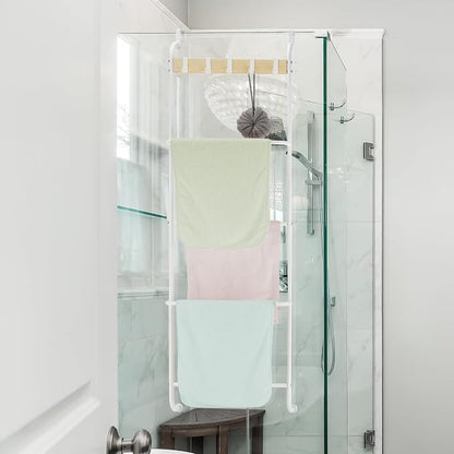 Over the Door Towel Rack for Bathroom 5 Tier Over The Door Towel Bar | Back of Door Towel Rack, Behind Door Towel Holder with Hooks, White Door Rack Hanger, Stable Suction Cup Design