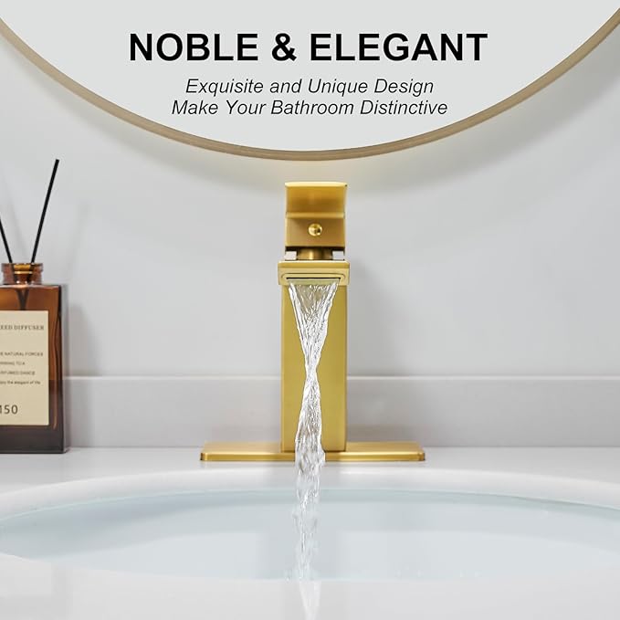RUMOSE Brushed Gold Bathroom Faucets Set with Pop Up Drain Single Handle Bathroom Sink Faucet 1 & 3 Hole Waterfall Spout Vanity Faucet Kit with Deck Plate RV Lavatory Basin Faucet, Stainless Steel