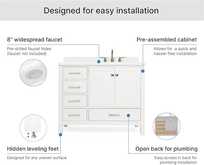 ARIEL Cambridge 42-inch Bathroom Vanity with Sink,Solid Wood, 1.5-inch Pure White Quartz Countertop & Backsplash, Single Oval Porcelain Sink, 2 Soft Closing Doors, 5 Dovetail Drawers, White