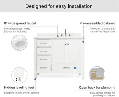 ARIEL Cambridge 42-inch Bathroom Vanity with Sink,Solid Wood, 1.5-inch Pure White Quartz Countertop & Backsplash, Single Oval Porcelain Sink, 2 Soft Closing Doors, 5 Dovetail Drawers, White
