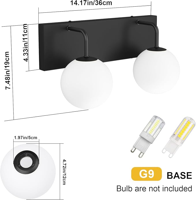 Tipace Black Vanity Light Fixtures, 2-Light Modern Bathroom Light Over Mirror with White Milk White Globe Glass for Bathroom (Exclude Bulb)