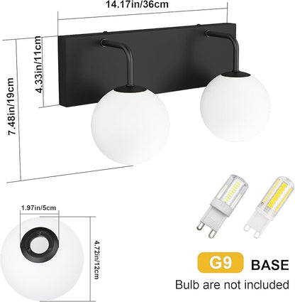 Tipace Black Vanity Light Fixtures, 2-Light Modern Bathroom Light Over Mirror with White Milk White Globe Glass for Bathroom (Exclude Bulb)