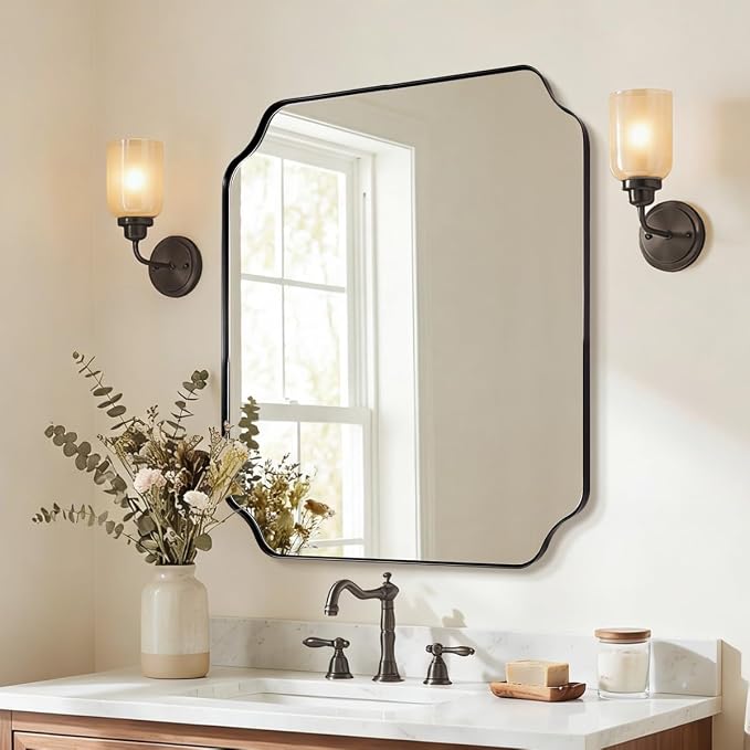 30x36 Inch Bathroom Mirror, Matte Black Vanity Mirror, Modern Scalloped Mirror in Premium Stainless Steel Metal Thin Frame, Unique Rounded Notched Corners, Hangs Vertically or Horizontally