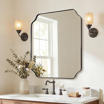 30x36 Inch Bathroom Mirror, Matte Black Vanity Mirror, Modern Scalloped Mirror in Premium Stainless Steel Metal Thin Frame, Unique Rounded Notched Corners, Hangs Vertically or Horizontally