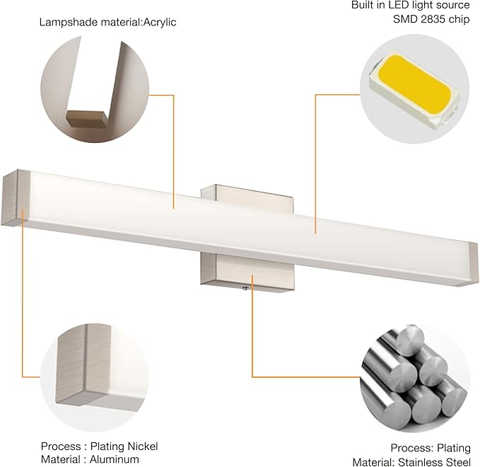 LED Bathroom Vanity Light Fixtures 33.5in Brushed Nickel,Dimmable18W 4000K Natural White Square Wall Fixture, Modern Lighting for Over Mirror, Damp Rated