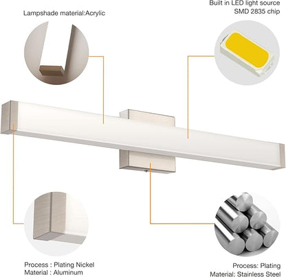 LED Bathroom Vanity Light Fixtures 33.5in Brushed Nickel,Dimmable18W 4000K Natural White Square Wall Fixture, Modern Lighting for Over Mirror, Damp Rated