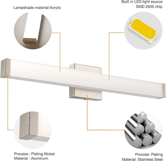 33.5 Inch Brushed Nickel LED Bathroom Vanity Light, 18W 4000K Natural White Square Wall Fixture, Modern Lighting for Over Mirror, Damp Rated