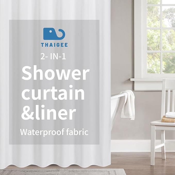Extra Long Fabric Shower Curtain,No Liner Needed,72"x96",White | 2-in-1 Design,Linen Textured,100% Waterproof TPU-Laminated Backing,Magnetic Weighted,Machine Washable,For Bathroom,Hotel