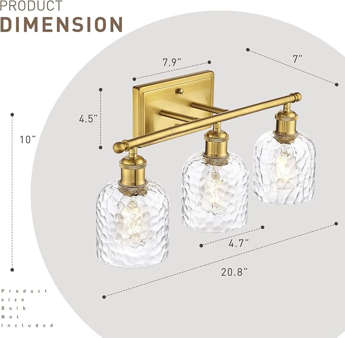 zeyu 21 Inch Bathroom Wall Sconce, 3 Light Sconces Wall Lighting Over Mirror, Brushed Gold Finish with Clear Hammered Glass, ZJF63B-3W BG
