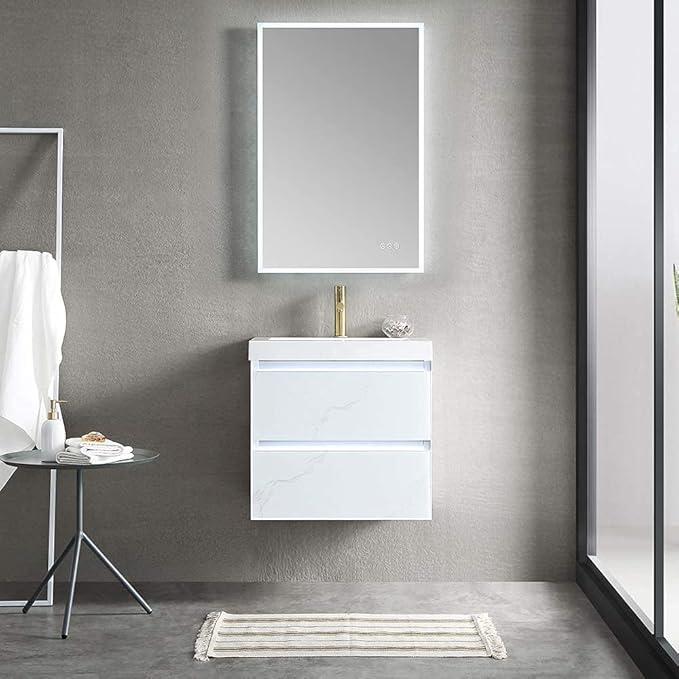 Blossom LED Lighted 24 inch Bathroom Vanity with Sink | Wall Mounted Floating Bathroom Vanity with Dimmable LED Lights | Modern Floating Design for Bathrooms | 36" w/Acrylic Sink, Calacatta White