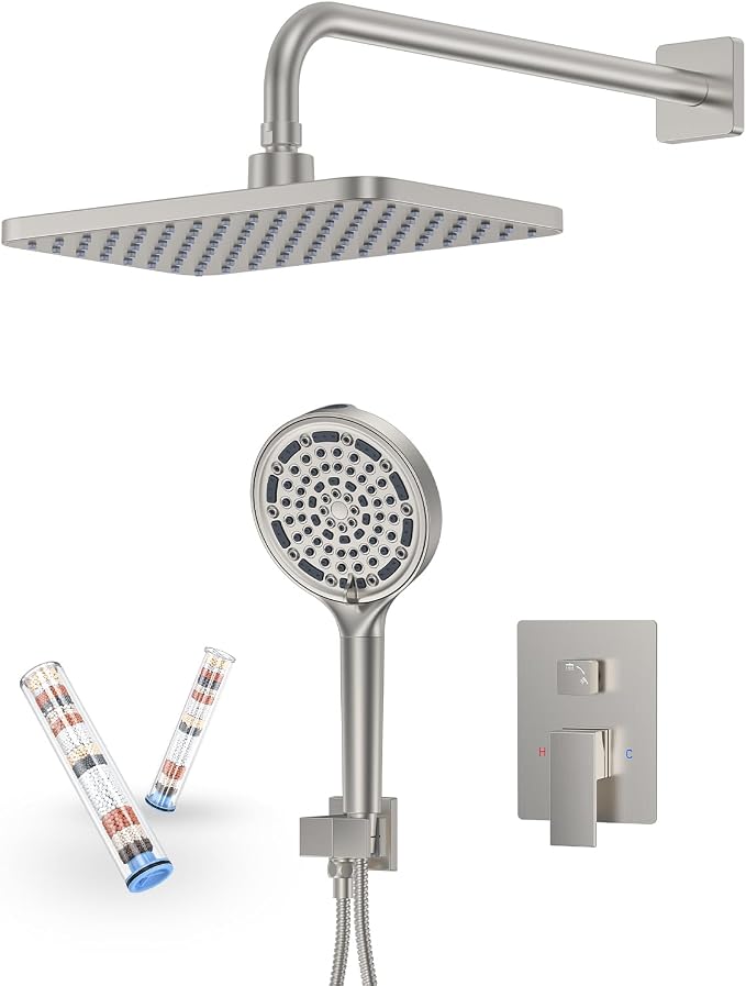 Brushed Nickel 11 Inch Rainfall Shower System – Filtered Handheld Sprayer Shower Head, Complete Bathroom fixtures Set Faucet Mixer Trim & Valve Kit