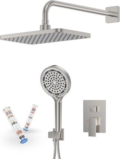 Brushed Nickel 11 Inch Rainfall Shower System – Filtered Handheld Sprayer Shower Head, Complete Bathroom fixtures Set Faucet Mixer Trim & Valve Kit