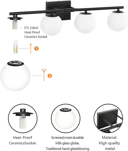 Bathroom Vanity Light Brushed Black 4T Wall Sconce for Mirror | Modern fixture Glass Shade brightness, Elivers even brightness. Sturdy metal resists rust. Dresser Bathroom over Mirror
