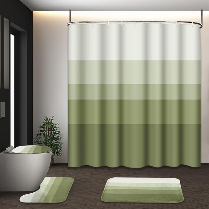 Bathroom Sets with Shower Curtain and Rugs, 4 Pcs, Ombre Striped | Minimalist Green Modern Bathroom Decor Set with Toilet Lid Cover, Non-Slip Bath Mats and Accessories 12 Hooks