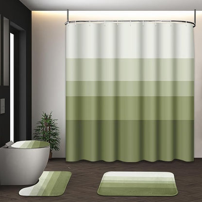 Bathroom Sets with Shower Curtain and Rugs, 4 Pcs, Ombre Striped | Minimalist Green Modern Bathroom Decor Set with Toilet Lid Cover, Non-Slip Bath Mats and Accessories 12 Hooks