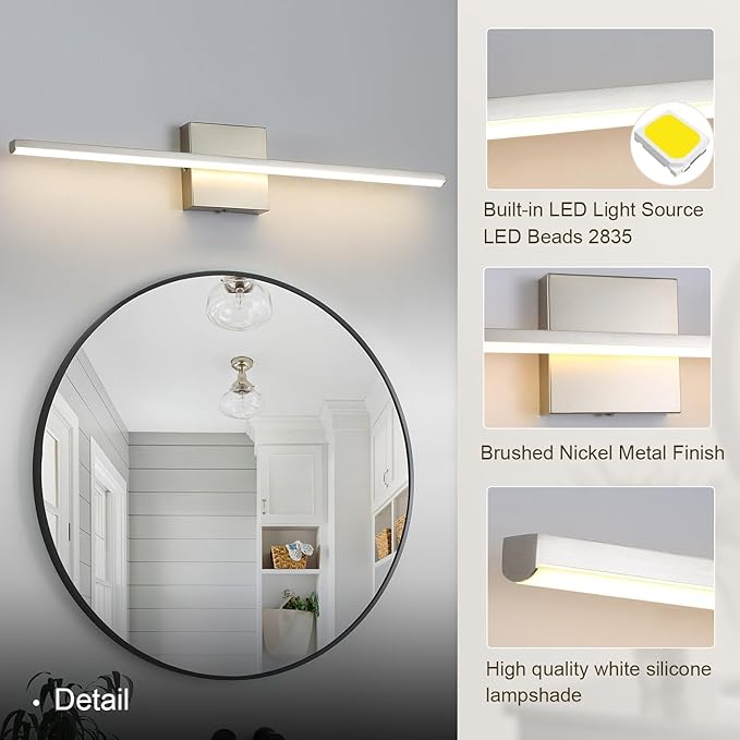 Modern Bathroom Vanity Light 24 Inch, 18W Brushed Nickel Bathroom Light Fixture Over Mirror, Dimmable 5CCT LED Wall Sconce Lighting for Restr