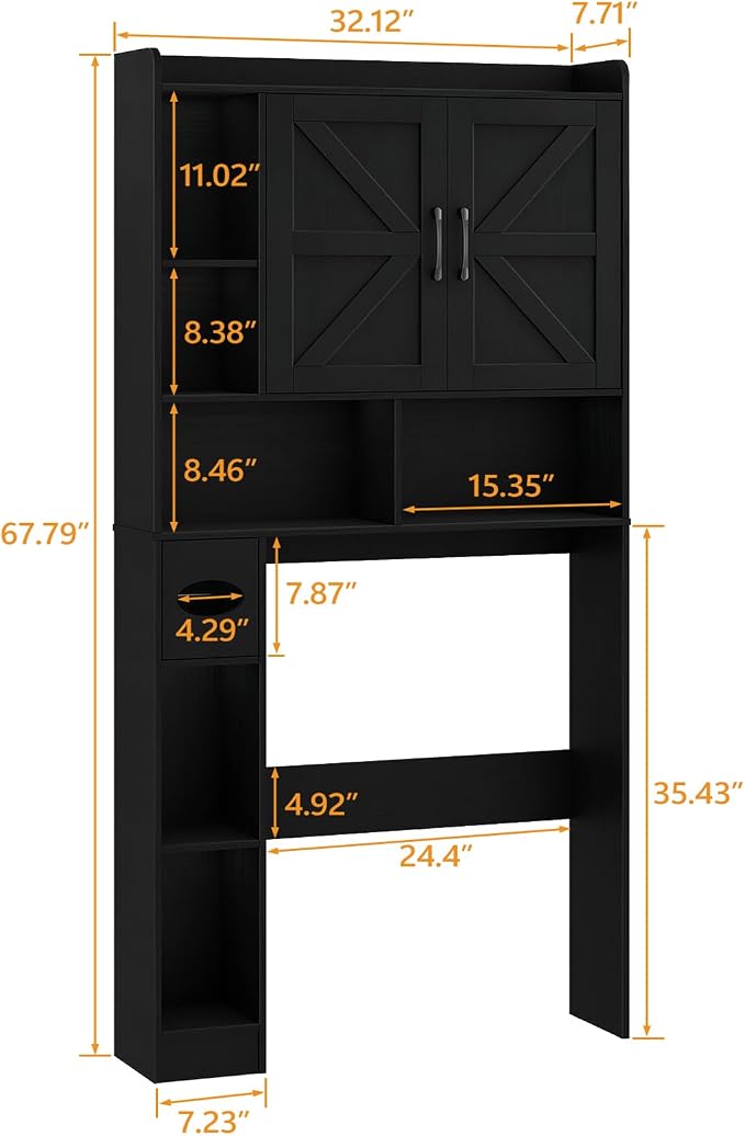 Vabches Over The Toilet Storage Cabinet with 2 Barn Doors, Black | Farmhouse Storage Cabinet with Toilet Paper Holder Stand，Home Space-Saving Toilet Rack, for Bathroom, Restroom, Laundry